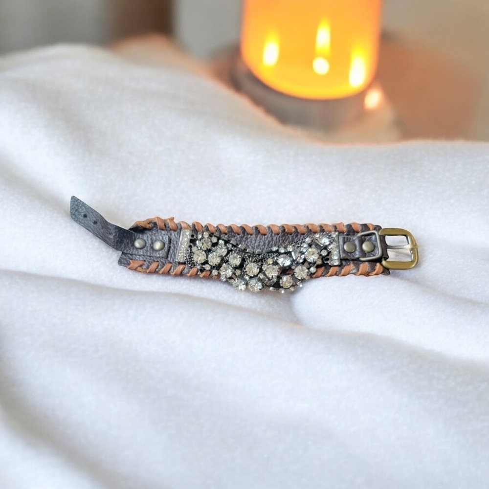 Black and brown leather Rhinestone Studded Bracelet